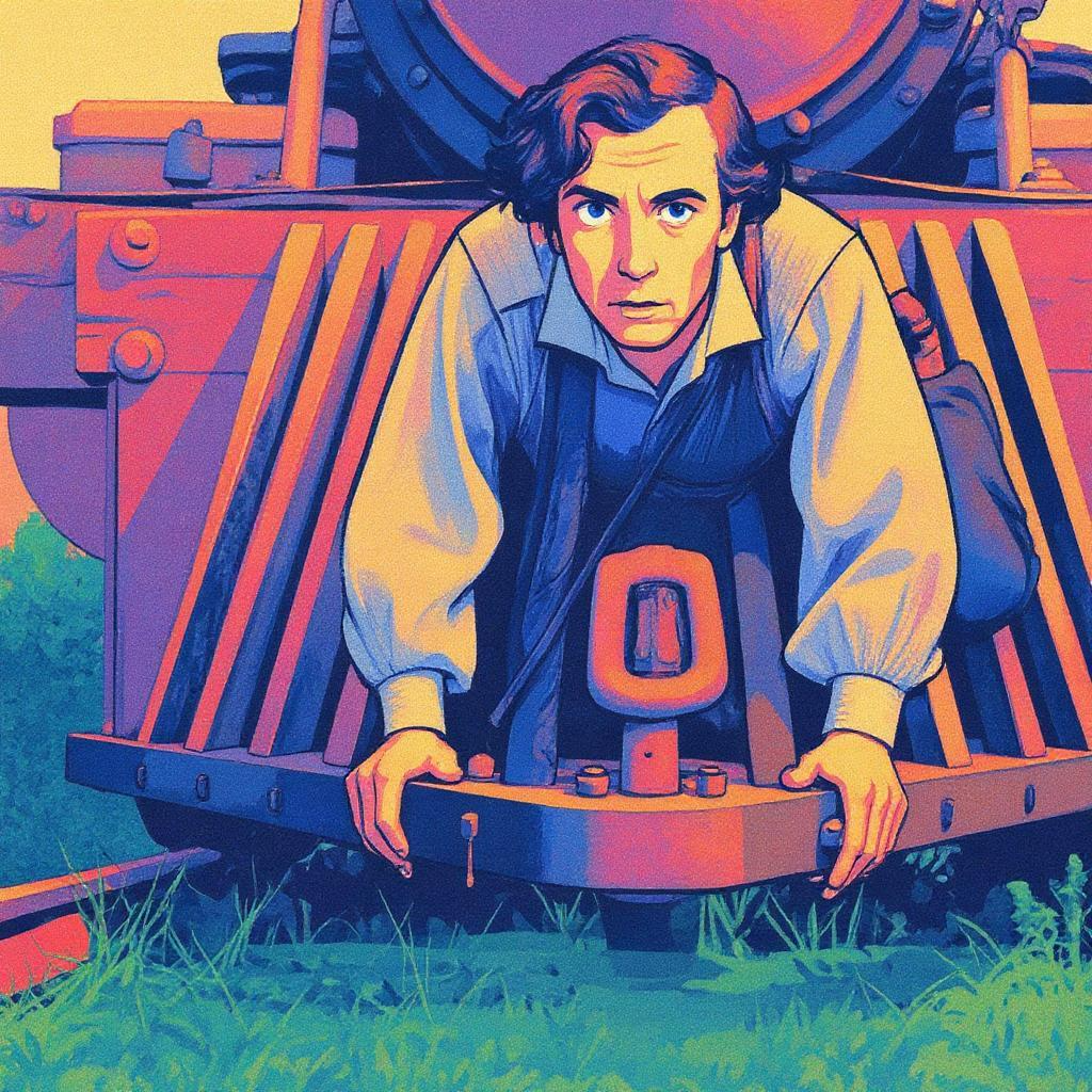 A man Buster Keaton lies face-forward on the front of an old-fashioned steam train