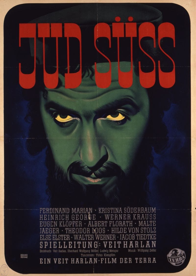 Jud Suss (1940) film poster an ominous portrait of a Jewish man with the title in red letters